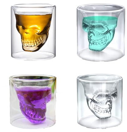 4 Pièces Verre Crane Tete De Mort, Verre Tête De Mort Tasses, Verre à Whisky Tête DeMort, Verre Shooter, Verre Shot Tete De Mort, Pour Bar, Fête, Maison, Vodka, Vacances, Cadeau d'Anniversaire(75Ml)