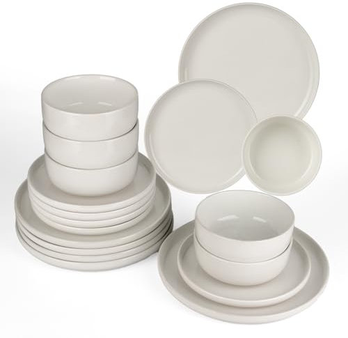 Richmount Milkyway Geschirrset,18-teiliges teller set,Sprenkel Steingut Geschirr Set für 6 mit Speiseteller, Dessertteller, Müslischalen, Mikrowellen & Spülmaschinenfest, Weiß