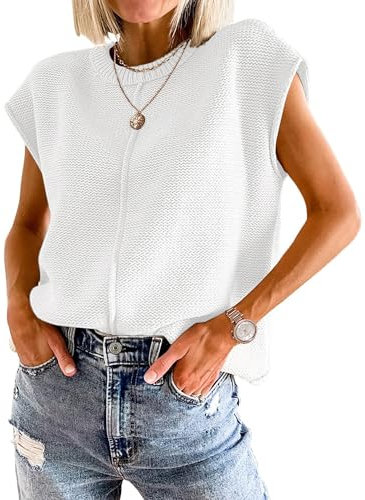 Womens Oversized Knitwear Vests Soft Cap Sleeve Loose Fit Casual Office Wear Jumper Summer Knit Tank Tops White