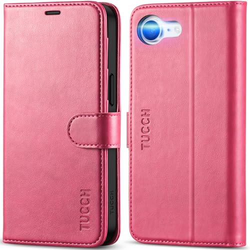 TUCCH Case for iPhone 16e 2025 (6.1) 5G, Magnetic PU Leather Wallet Foldable Flip Stand Folio Case with[RFID Blocking] Flip Cover[Shockproof TPU][Card holders] Compatible with iPhone 16E, Hot Pink