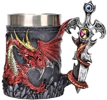 Wondelucy Boccale da birra con drago medievale D&D Game Grail, circa 20 once, in acciaio inossidabile, stile gotico, perfetto per collezionisti di draghi, feste a tema (rosso)