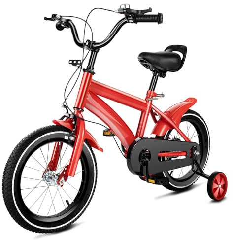 14 Zoll Kinderfahrrad Mädchen Jungen Fahrrad mit Stabilisatoren und Glocke, Anfänger Fahrrad Kinderfahrrad mit Doppelbremse höhenverstellbar für Kinder 2-4 Jahre alt (Rot, 14 Zoll)