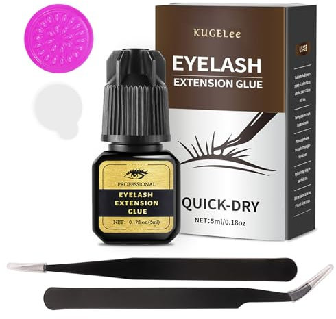 Kemowi Black Eyelash Extension Glue, 5ml, 2-3s Drying Time, 8 Weeks Retention, No Fume, 5pcs Kit