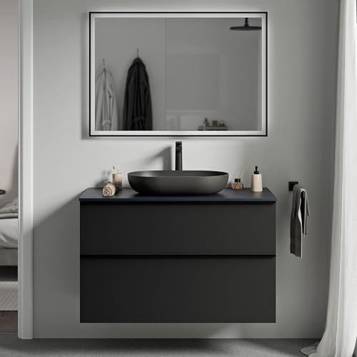 BERNSTEIN - Waschbeckenunterschrank zum Aufhängen, MDF, schwarz, matt, Nachtblau, Griff aus verchromtem Metall, 80 x 46 x 62 cm – LAVOA