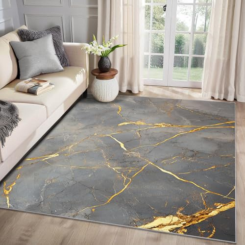 MMYAOKEN Marmor Teppich Wohnzimmer 120x170 Modern Abstrakt Grau Gold Deko, Teppich Kurzflor, Weich rutschfest Waschbare Teppiche, Bettvorleger Schlafzimmer Kinderzimmer