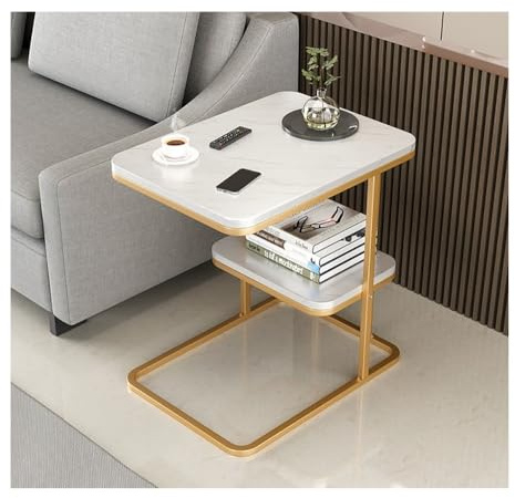 XwBaiW C-förmiger Beistelltisch 2 Etagen Mit Ablagefach Schmale Couch Sofa Nachttische for Wohnzimmer Schlafzimmer, Leicht Zu Montieren(White 1)