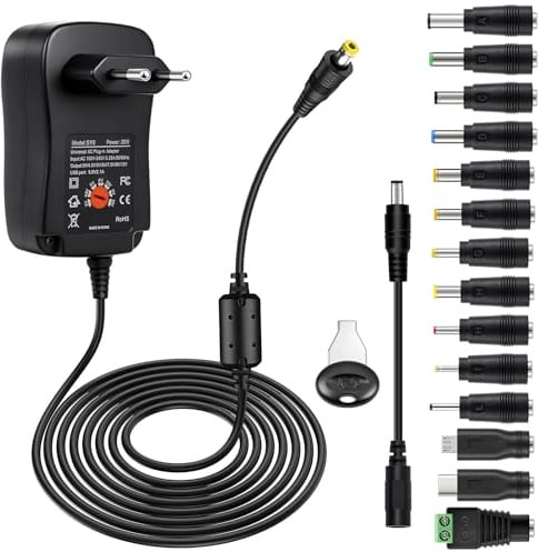 30W Universal Netzteil AC/DC Adapter 12V 9V 7.5V 6V 5V 4.5V 3V Multi-Voltage Schaltnetzteil mit 14 DC-Steckern und Umgekehrte Polaritätskabel für LED-Streifen, Elektronik, Router & mehr, max. 2000mA