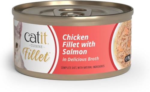 Catit Cuisine Fillet, Real Chicken Fillet with Salmon in Broth, Grain Free Wet Cat Food for Adult Cats, High Meat Tinned Cat Food in Broth 1 x 75g (Pack of 6)
