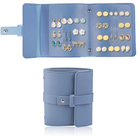 Havlock Earring Organiser Book for 42 Pairs, Blue Earring Storage Organiser Portable PU Leather Travel Jewellery Case Waterproof Small Earrings Holder for Studs & Dangly Earrings Necklaces Bracelets