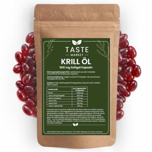 Krillöl Kapseln 200 Weichkapseln 1.000 mg Krill Öl pro Portion - Omega 3, Astaxanthin, DHA, EPA - Taste Market