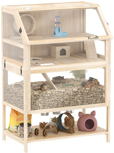 PawHut Hamsterkäfig aus Holz 3 Etagen Laufrad 80 x 53 x 117 cm Naturholz