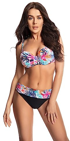 Selente My Secret K8008 Costume da Bagno a Due Pezzi/Bikini Shaping/Modellante Curvy/Taglie Forti con Coppe differenziate, Bikini Nero/Bianco Floreale, 4D/Slip XL