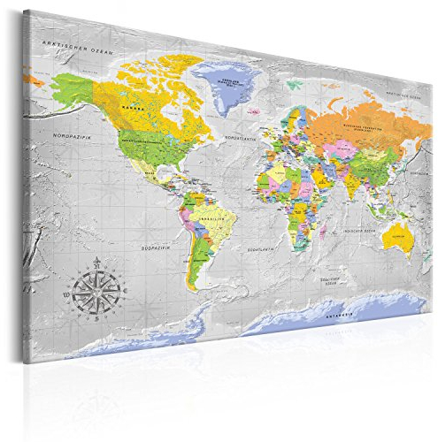 B&D XXL - Deutsche Weltkarte zum Pinnen Pinnwand & Vlies Leinwand Bild 120x80cm XXL Bilder mit Kork Rückwand Set mit 50 Markierfähnchen-Pinnnadeln Korktafel Kunstdruck Wandbilder Lernkarte Landkarte