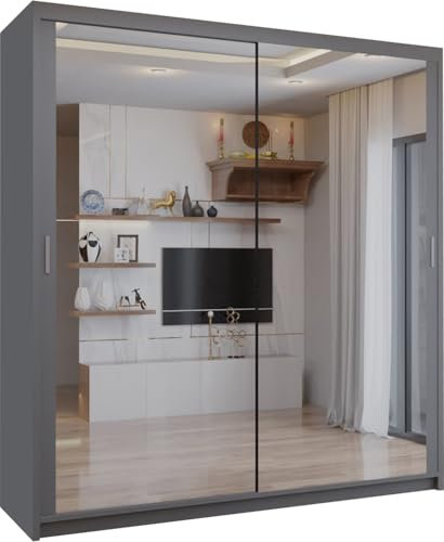 SLIDING WARDROBE 4U Double Mirror Sliding Door Wardrobe with LED LIGHT 90/120/150/180/203 (Grey, 180cm)