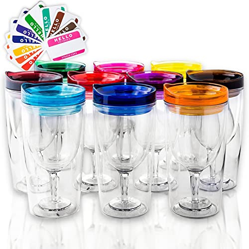 Isolierter Weinbecher mit Deckel (10 Stück) + Bonus-Aufkleber | Outdoor Acryl-Kunststoff Weingläser 284 ml Becher in 10 Farben – Erwachsene Schnabelflasche unzerbrechliches Weinglas ohne Stiel