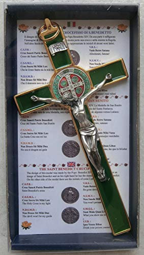 GTBITALY 10.004.21 VERDE croce crocefisso oro dorato san benedetto 20 cm smaltato a mano con scatola regalo e preghiera prete esorcismo esorcista