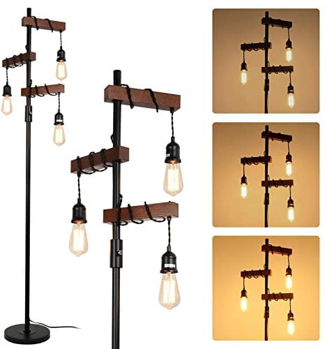 Rayofly Industrial Dimmable Floor Lamps, Farmhouse 3-Lights Wooden Standing Lamp, Vintage Tree Tall Light, E27 LED, Metal Black Brown Floor Lamp for Living Room, Bedroom, Sofa, Corner, Rustic Home