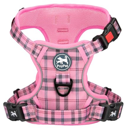 PoyPet Plaid Dog Harness with Neck Buckle, No Pull Vest with Front Clip | 2 Leash D-rings, Lockable, Reflective, No Choke, Adjustable, Soft Padded Handle for Walking Training, Large, Checkered Pink