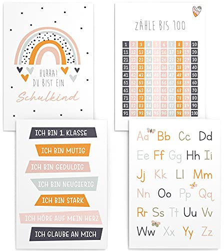 Papierschmiede® Kinderposter 4er Set Lernposter, DIN A4 (21x30 cm) Wanddeko, Geschenk für Mädchen Kinderzimmer, Schulkind Alphabet ABC Zahlen, Einschulung Mädchen