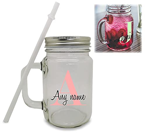 Personalised Colour Printed Mason Jar with Initial and Name Design, Personalise with Any Initial and Name