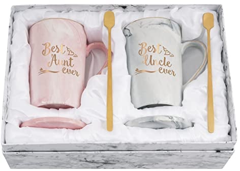 Cabtnca Tazza regalo per zia e zio, con scritta in lingua inglese Best Aunt Uncle Ever, per compleanno, Natale, festa della mamma, festa del papà, per zie e zii da nipote, 396,9 g, rosa e bianco