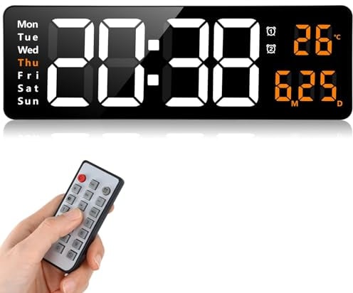 Fuloon Digital Wall Clock, 16.2 inch Large Display Digital Alarm Clock, Adjustable Brightness LED Digital Clock with Remote Control, Countdown Clock with Date, Week, Temperature(Plug In Electricity)
