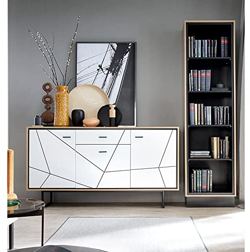 Lomadox Sideboard Anrichte Regal Regalschrank Bücherregal Standregal Wohnzimmer Set modern in Catania Eiche Nb. mit schwarz und weiß Hochglanz, B/H/T: ca. 239/208,5/40 cm