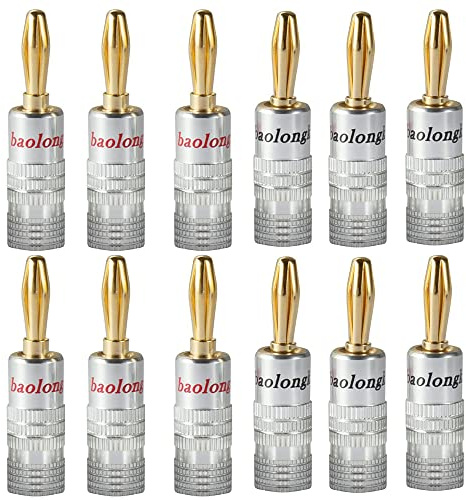 baolongking Banana Plugs, Gold Plated 4mm Speaker Connectors for Speaker Wire, Sockets, Amplifier, Dual-Screw Type in Red & Black (6 Pairs/12 PCS)