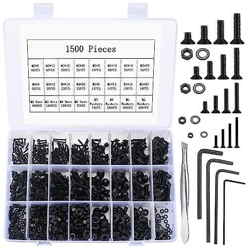 1500 Pièces vis à six pans creux, écrous et rondelles, Vis à tête fraisé, Vis à tête plate pour machine, vis cylindriques en acier allié, d'écrous et de rondelles M2 M3 M4 M5 (1500 Noir)