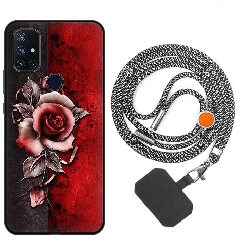 vingarshern Handyhülle Kompatibel mit OnePlus Nord N10 5G Hülle Silikon mit Aesthetic Muster,Stoßfest Schutzhülle mit Kordel,Weich Bumper Case mit Handykette/Umhängeban,Rote Rose