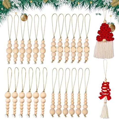 26pcs Christmas Tree Wood Beads Ornaments, 6 Styles Boho Christmas Tree Woven Hanging Decoration Farmhouse Wooden Beads for Xmas Hanging Home Décor