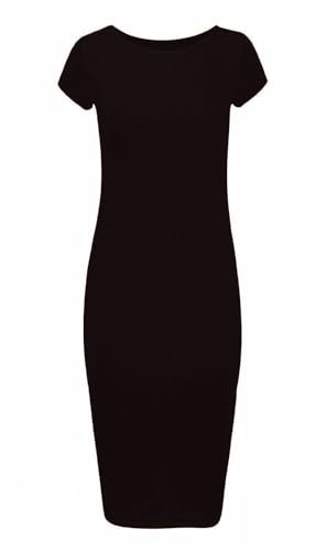 HUBIBUBI Womens Ladies Short Sleeve Plain Midi Dress Stretchy Jersey Basic Casual Summer Bodycon Dress Womens Plus Size Plain Short Sleeve Stretch Ladies Jersey Midi Dress Sizes 8-26 Black
