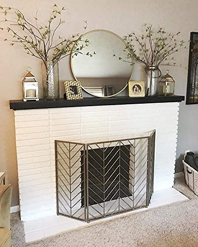 Kamin-Funkenschutz, großer Kaminschutz aus Schmiedeeisen, 3 Paneele, stabiles Funkenschutzgitter, kindersicher, für Holzbrenner/Herd/Gasfeuer, 130 x 80 cm (Farbe: Gold) Beautiful Scenery