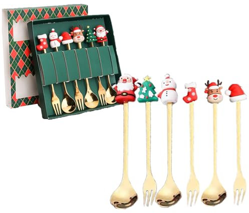 Juego de 6 Cubiertos de Navidad,Cubiertos de Navidad de 6 Piezas,Juego de cubiertos de Navidad,Cucharas y Tenedores de Navidad,Set cuchara tenedor Navidad,Juego de Cubiertos de Oro (Verde)