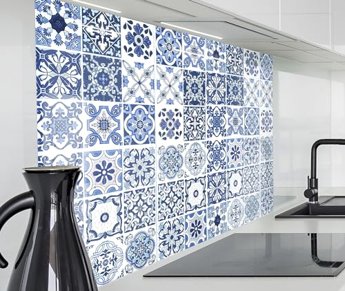 timalo Spritzschutz Wand für Herd, Küche Küchenrückwand Glasoptik | Acryl Glas 2mm | Glasrückwand Acrylglas Wandpaneele Rückwandschutz Platte | 120x80cm Vintage türkische Fliesen blau