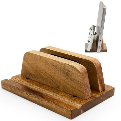 ROCDEER Acacia Wood Vertical Laptop Stand for Desk- Adjustable Slot (0.7 to 1.2) - Heavy Duty Desk Organizer for Laptops, Tablets, and Phones - Quick Assembly with Non-Slip Silicone Mats