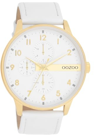 Oozoo Timepieces Herren Uhr in White/Gold | Armbanduhr Herren mit Lederarmband | Schöne Uhr für Männer | Edle Analog Herrenuhr (45mm Gehäuse) in rund C11305