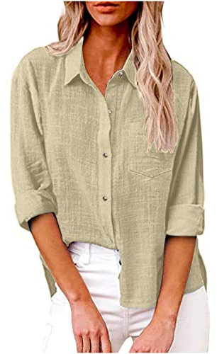 Womens Dressy & Casual Summer Button Down Cotton Linen Blouses - Work & Office Women's Tops with Roll Up Long Sleeves & Lapel Collar - Trendy Loose Fit Ladies Spring Shirts