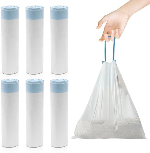 Sporgo 90 Stück Mülltüten mit Tragegriff: Selbstreinigende Katzentoilette Müllbeutel, 45 x 50 cm Katzentoilettenbeutel, Strapazierfähige Mülltüten mit Kordelzug, Müllbeutel - 6 Rollen