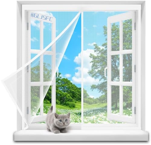Moustiquaire Fenêtre 85x105cm à Fermeture Aimantée Maille Ultra Fine Boucle Coupe-Vent Anti-insectes Sreen door Facile à Assembler pour Porte d Entrée Intérieur/Patio Blanc