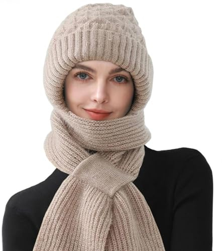 CheChury Strickmützen Damen Mützenschal Winter Integrierter Gehörschutz Winddichte Mütze Schal 2 in 1 Wintermützen und Schal Damen Kapuzenschal Frauen Winter Winterschal Warme Mütze mit Fleecefutter
