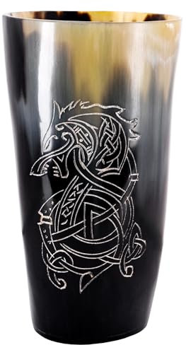 Battle-Merchant - Hochwertiger Wikinger Trinkbecher aus Horn mit Fenrir Motiv - Hornkrug Graviert - Mittelalterlicher Met-Krug bis zu 250 ml