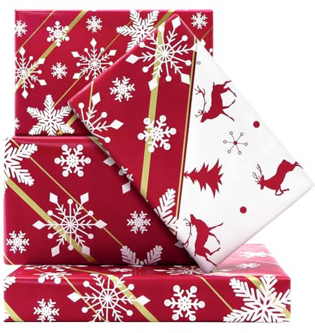 Rouleau de Papier Cadeau de Noël - Arbre, Flocons de Neige, Renne Réversible - 43x1000 cm par Rouleau - pour Vacances, Anniversaire, Solstice d'Hiver