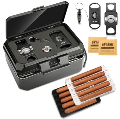 LIHTUN Travel Humidor Box and Cigar Accessories Set, Portable Cigar Humidor Case with 2 Cigar Cutters, 1 Cigar Punch, Hygrometer, Triple Humidor Cigar Box Gift for Men