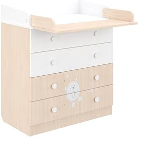 Shefa Kids Wickelkommode 800 Teddy, Weiß-Pastell Eiche, 80,4 x 48 x 91,7 cm, 4 Schubladen, Qualitäts-Wickeltisch aus österreichischem Kronospan