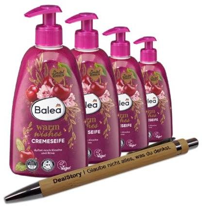 5er Set: Balea Cremeseife Warm Wishes, 4x500 ml - Für sensible Haut geeignet - Hautverträglichkeit bestätigt - Ohne tierische Inhaltsstoffe + Kugelschreiber