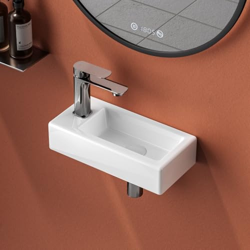 EMKE Klein Handwaschbecken, 37 x 17,8 x 9,5 cm, Weiß | Waschbecken Klein, 45 mm-Ablauföffnung, Wasserhahn Links, rechteckig, Waschtisch für Badezimmer und Gäste-WC