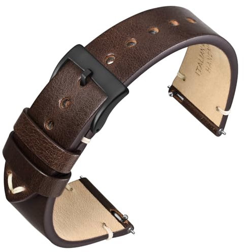 ANNEFIT Quick Release Watch Strap, Italian Vintage Leather Replacement Band for Men and Women, Band Width 22mm with Black Buckle (Dark Brown)