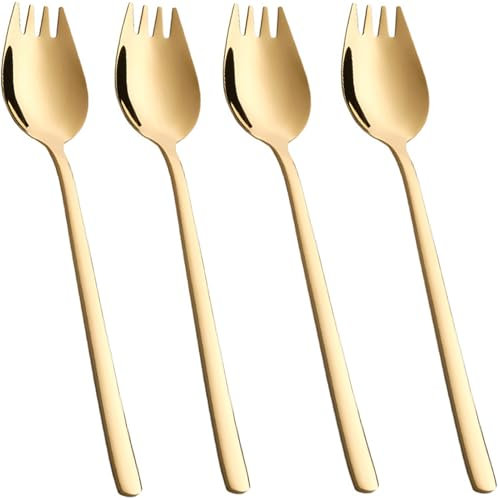 Tiokin Sporks,4 Stück Edelstahl Spork Göffel, Lang Salatlöffel 2 In 1 Abendessen Gabel Suppenlöffel Salatgabel Nudellöffel, Multifunktion Löffel und Gabel für Camping zu Hause oder auf Reisen(Gold)