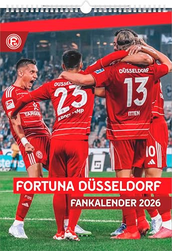 N Neumann - Fortuna Düsseldorf 2026 – Wandkalender A3 (30x42 cm) mit 12 Monatsblättern, deutschem Kalendarium & Spiralbindung, Fußball-Fankalender mit Spielerfotografien in Rot-Weiß: Fankalender 2026